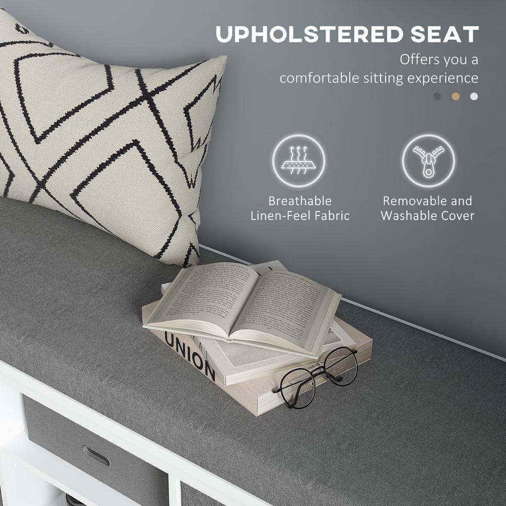 White and Gray Fabric Shoe Storage Bench with Cushion and Drawers