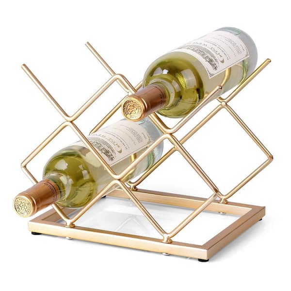 5-Bottle Gold 10 in. W Wine Rack, Freestanding Modern Metal Small Wine Rack, Tabletop Wine Holder Stand for Cabinet