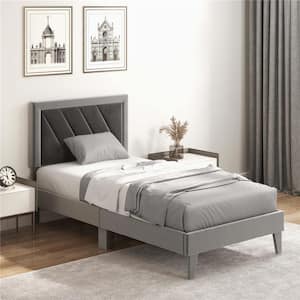 Twin Size Bed Frame Upholstered Platform Velvet Headboard Wooden Slats Gray