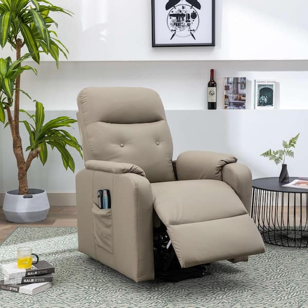 Polibi PU Leather Electric Power Lift Recliner with Side Pocket, Adjustable Massage and Heating Function, Olive Gray
