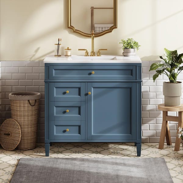 36 in. Single Sink Freestanding Blue Bath Vanity with White Ceramic Top, Adjustable Shelf, 3-Drawers, Door Racks