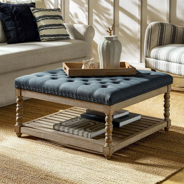 Sara Blue Polyester Square Ottoman with Carved Spindle Legs