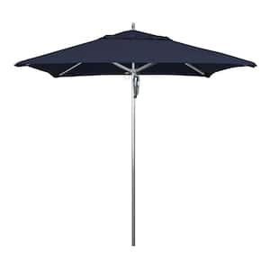 7.5 ft. Square Silver Aluminum Commercial Market Patio Umbrella with Pulley Lift in Navy Sunbrella