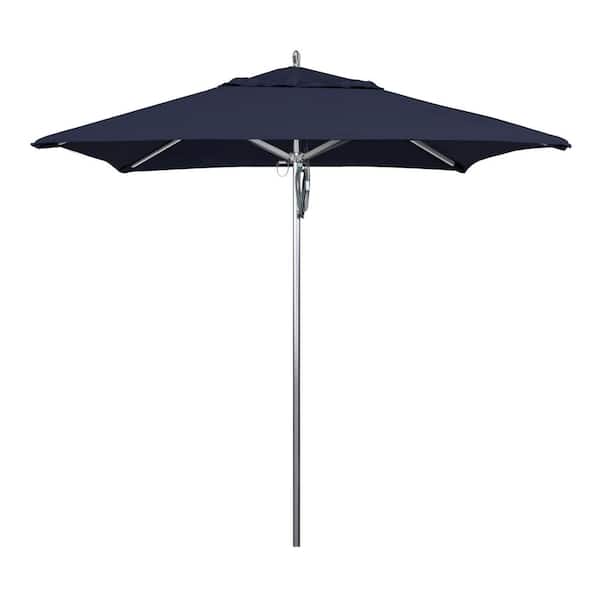 California Umbrella 7.5 ft. Square Silver Aluminum Commercial Market Patio Umbrella with Pulley Lift in Navy Sunbrella