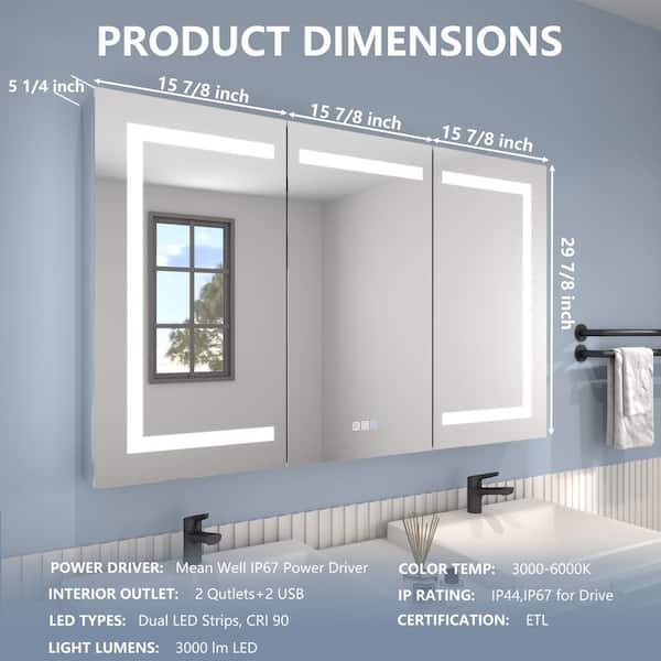 48 in. W x 30 in. H Rectangular Silver Aluminum Recessed/Surface Mount Medicine Cabinet with Mirror and LED