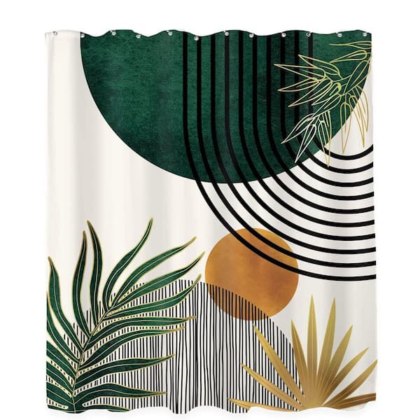 Unbranded Mid Century Modern Boho Shower Curtain 60x72 Fabric Liner Leaf Abstract Botanical Design with Hooks Polyester Green