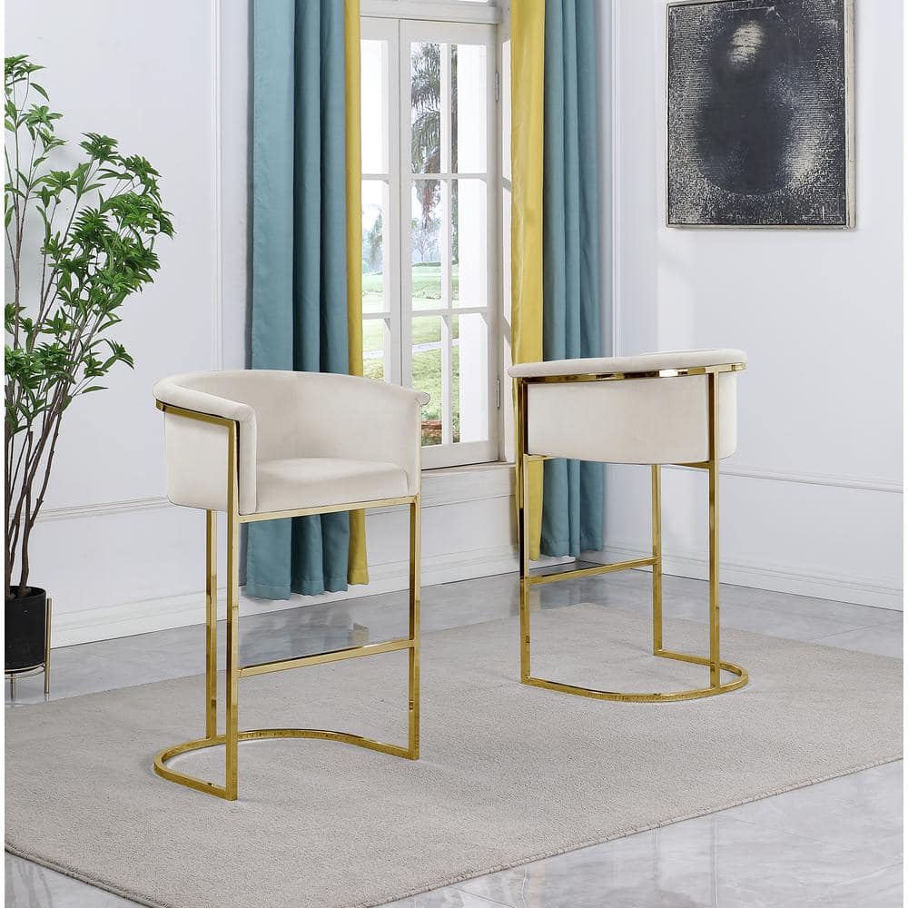 Cream Velvet Barstool with Gold Metal Base