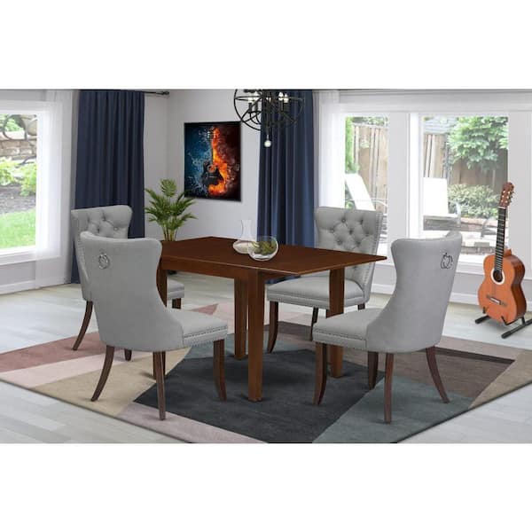 East West Furniture 5-Piece Mahogany Finish Solid Wood Top - Rectangular Upholstered Dining Room Set with Dropleaf (Seats 4)