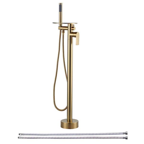 Waterfall Single-Handle Freestanding Tub Faucet, Floor Mount Bathtub Filler with Hand Shower in Brushed Gold