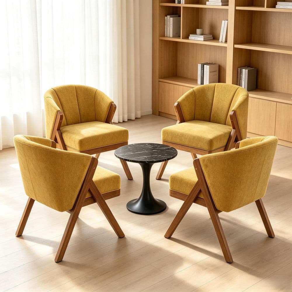 Yellow Chenille Upholstered Arm Chair with Solid Wood Frame and Sturdy Base for Living Room (Set of 4)