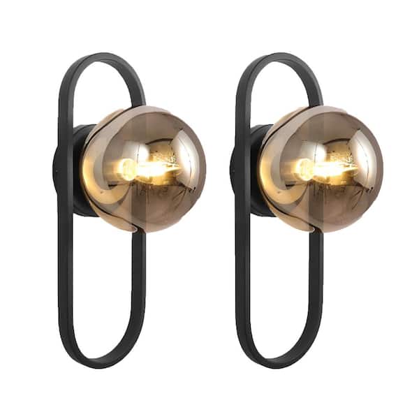 Lukyamzn Upgraded 1 Bulb Matte Black Wall Sconce with Transparent Gray Globe Glass Shade 2-Pack
