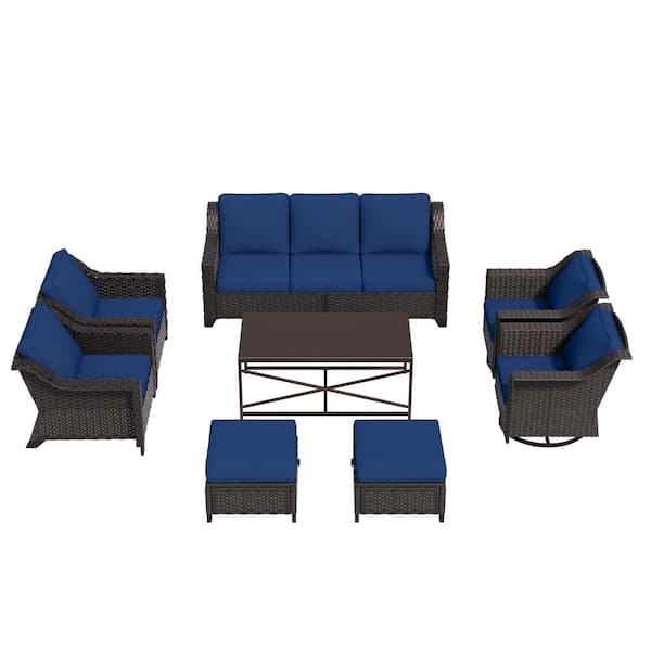 8-Piece Wicker Outdoor Patio Conversation Set Swivel Rocker Chairs with Blue Cushions