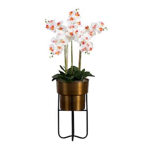 48 in. Artificial Orchid Arrangement in Brass Metal Planter with Stand