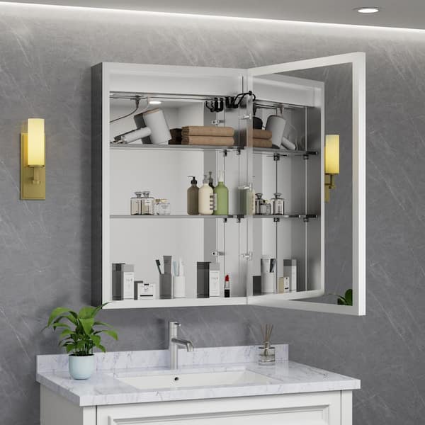 Eos 20 in. W x 28 in. H Rectangular Aluminum Surface/Recessed Medicine Cabinet with Mirror and Light, Right Hinge