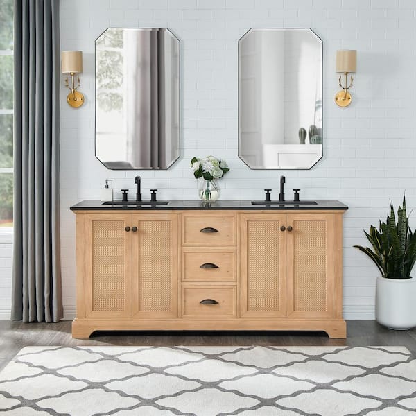 ROSWELL Hervas 72 in.W x 22 in.D x 33.8 in.H Double Sink Bath Vanity in Fir Brown with Black Celestite Marble Top and Mirror