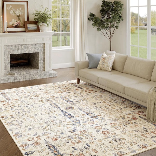 Ivy Blue/Orange 9 ft. x 12 ft. Washable Vintage Floral Area Rug