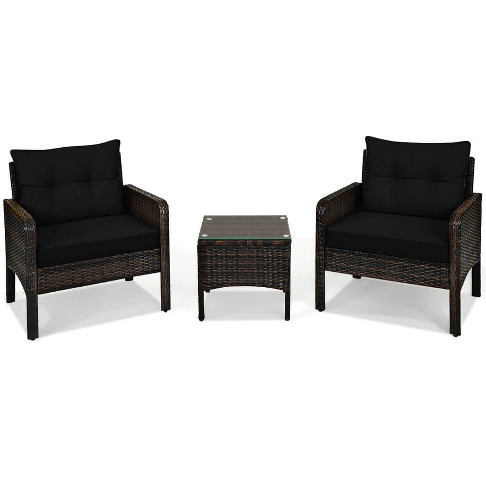 Outdoor 3 Pieces Outdoor Patio Rattan Conversation Set with Seat Cushions, 
