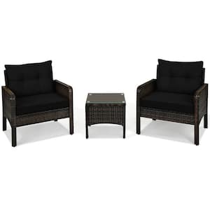 Outdoor 3 Pieces Outdoor Patio Rattan Conversation Set with Seat Cushions, Black