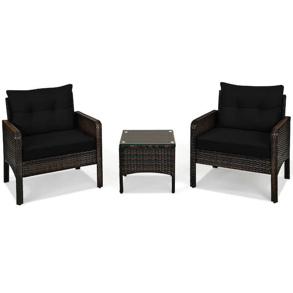 Unbranded Outdoor 3 Pieces Outdoor Patio Rattan Conversation Set with Seat Cushions, Black