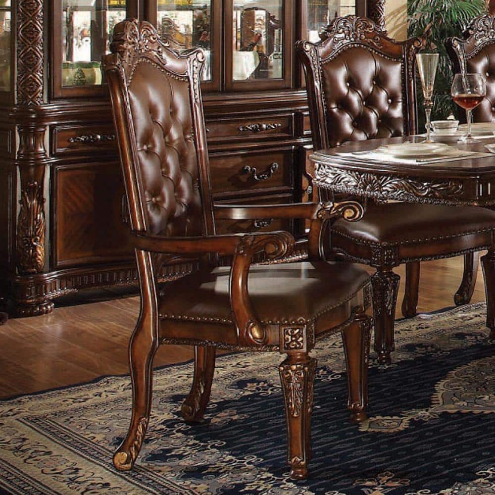 Handcrafted Brown Leather and Wood Floral Accent Chair