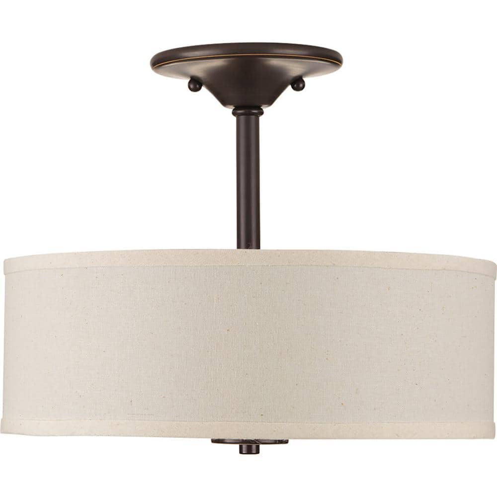 Antique Bronze Etched Glass Drum Light with Linen Shade