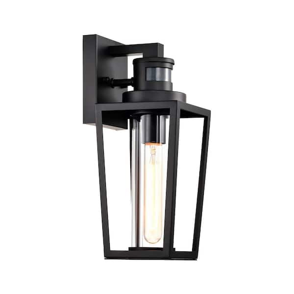 13.75 in. 1-Light Matte Black Motion Sensing Dusk to Dawn Non-Solar Outdoor Wall Lantern Sconce with Clear Glass Shade