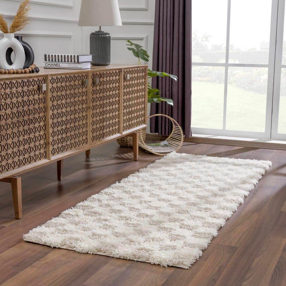 Light Brown Geometric Shag Runner Rug 2'7" x 7'3"
