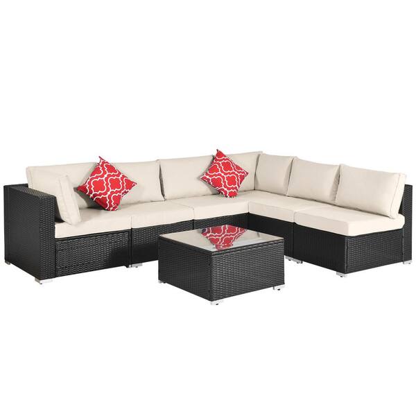 7-Piece Wicker Patio Conversation Sectional Seating Set with Beige ...