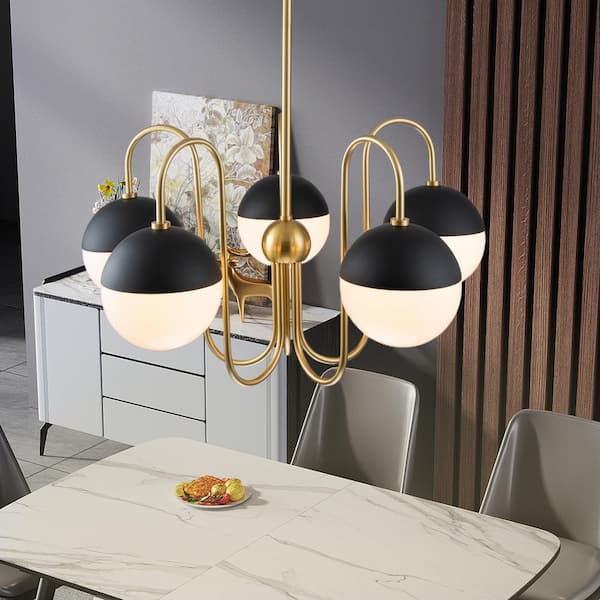 HUOKU Modern Classic 5-Light Aged Brass Large Chandelier with Polished Opal Glass Shades for Dining Room