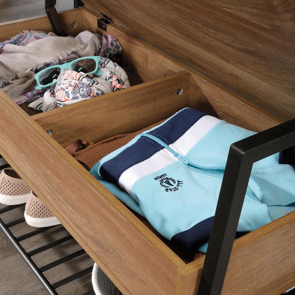 Sindoori Mango and Black Metal Entryway Bench with Hidden Storage