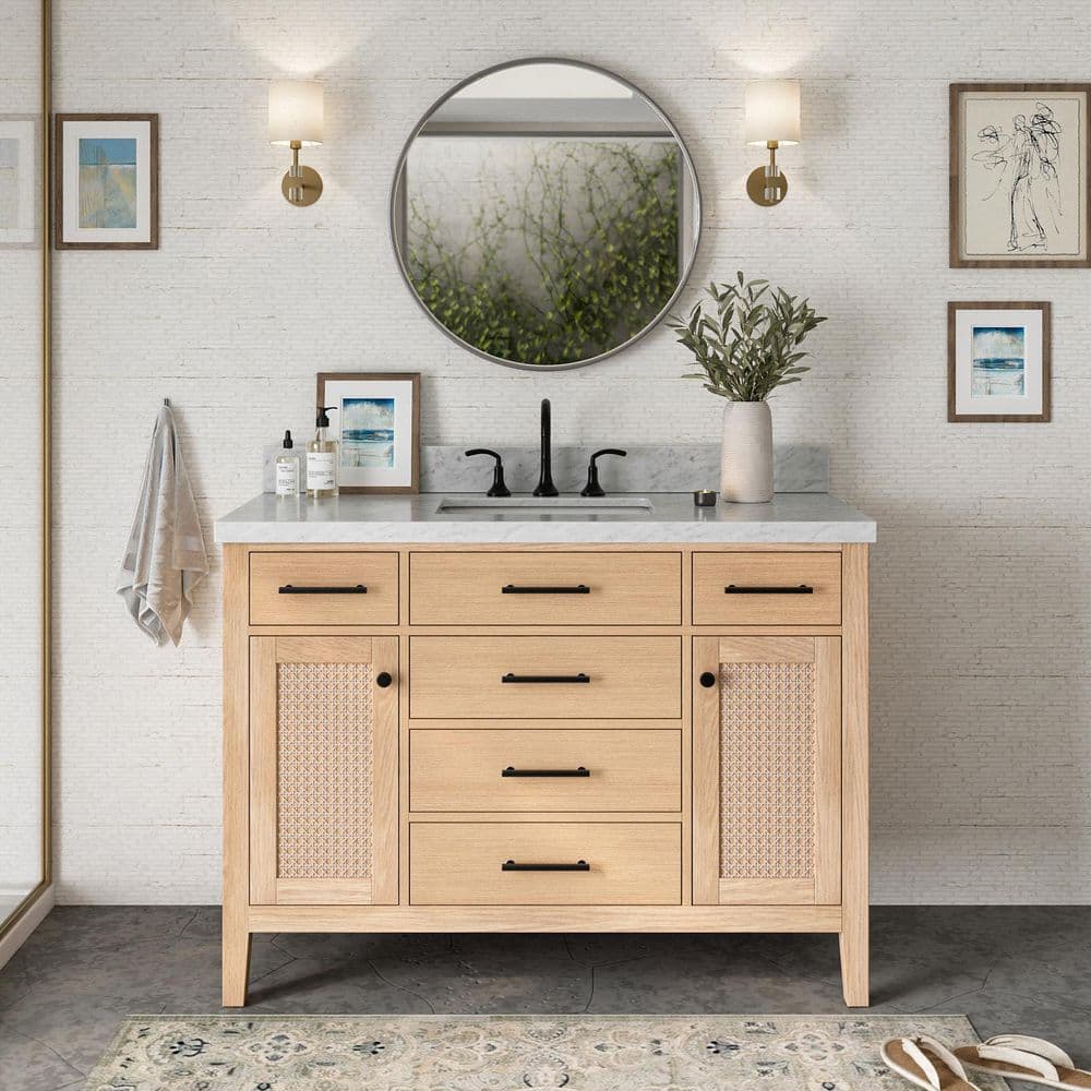 ARIEL Camila 48 in. Single Sink Freestanding Bathroom Vanity in White Oak  with Carrara White Marble Top C49CWRVOWOA - The Home Depot