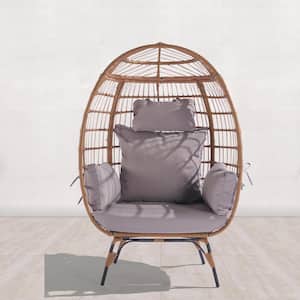 Oversized Metal Frame Indoor Outdoor Egg Lounge Chair with Light Gray Cushions PE Rattan Patio Chair