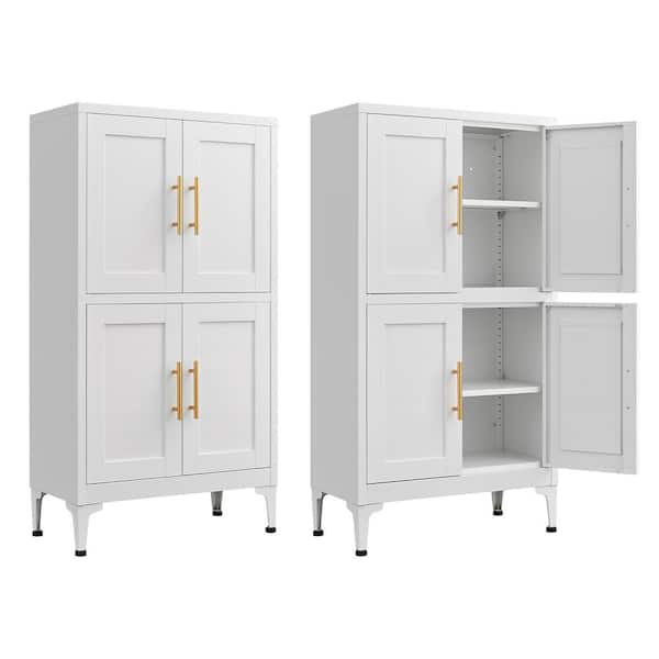 White Metal Storage Cabinet with Adjustable Shelves-Ideal for Kitchen, Living Room, and Dining Room