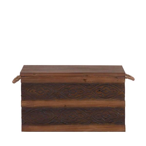 Brown Large Wooden Lockable Trunk Farmhouse Style Rustic Design Lined  Storage Chest with Rope Handles