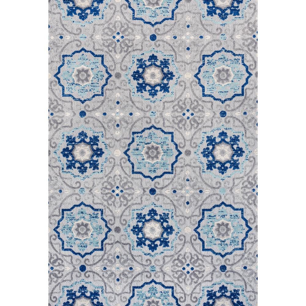 Blue and Gray Synthetic Medallion Reversible Area Rug