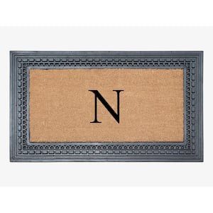 A1HC Square Geometric Black/Beige 24 in. x 39 in. Rubber and Coir Heavy Duty Easy to Clean Monogrammed N Door Mat