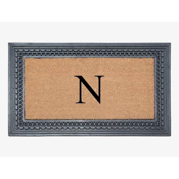 A1 Home Collections A1HC Square Geometric Black/Beige 24 in. x 39 in. Rubber and Coir Heavy Duty Easy to Clean Monogrammed N Door Mat