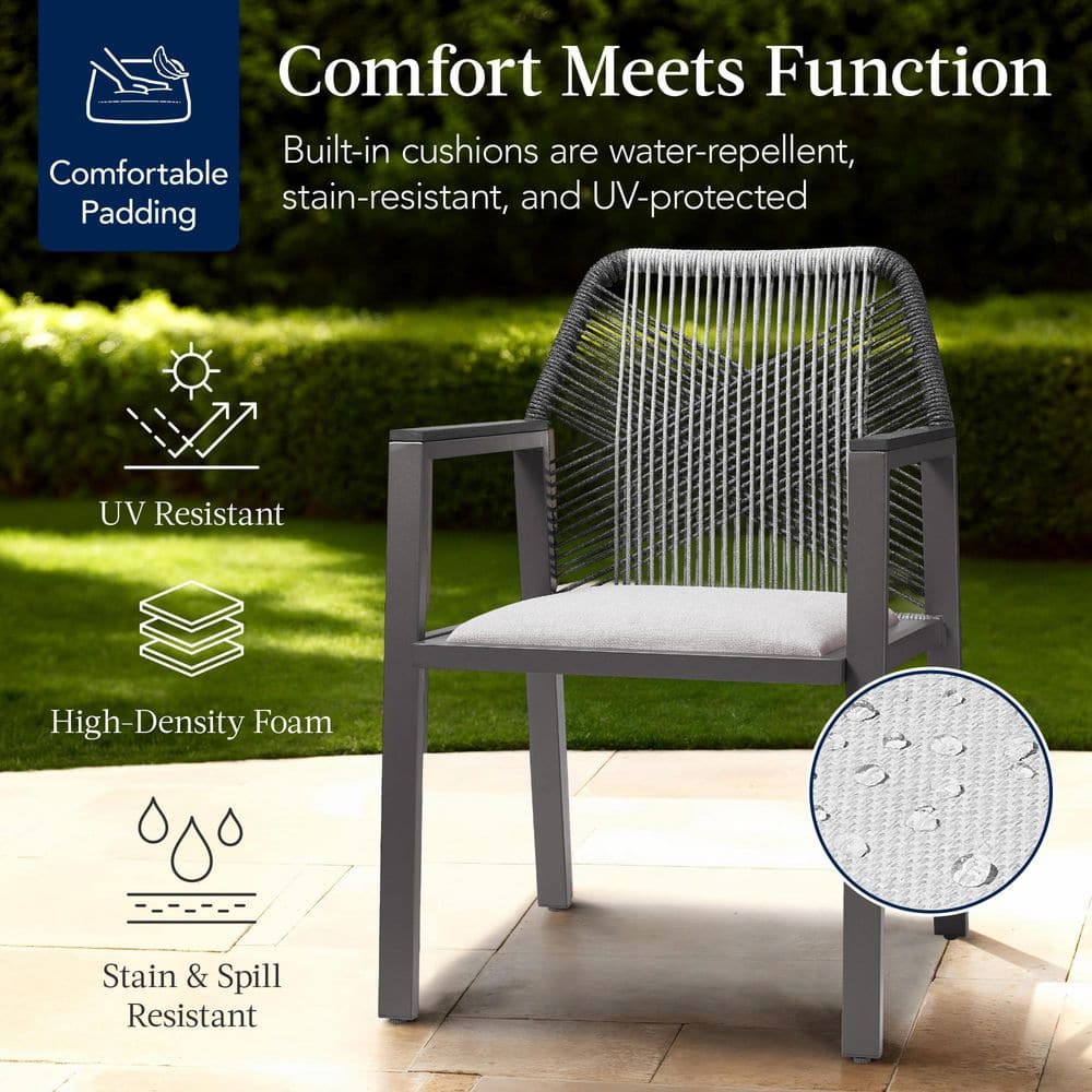 Charcoal outdoor dining chair with a water-repellent graphite cushion.