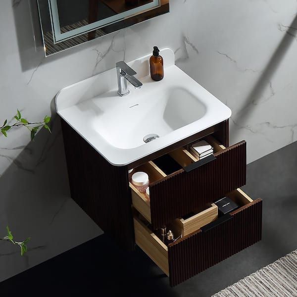 Wenlorin 24 in. Single Sink Floating Walnut Bath Vanity with White Acrylic Top Pre-Assembled