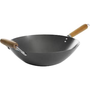 14 in. Black Heavy-gauge Carbon Steel for Any Type of Cooktop Flat Bottom Wok with Wood Handle That Resist Heat