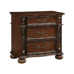 32 in. Brown and Bronze 3-Drawer Wooden Nightstand