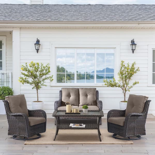 Carlos Brown 4-Piece Wicker Patio Conversation Set with CushionGuard Gray Cushions