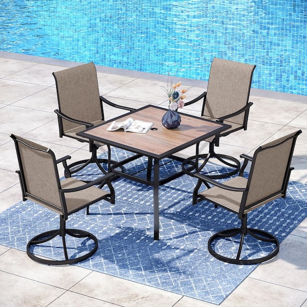 PHI VILLA Black 5-Piece Metal Outdoor Patio Dining Set with Wood-Look Square Table and Textilene Swivel Chairs