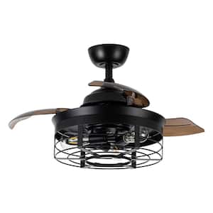36 in. Indoor Industrial Matte Black Caged Retractable Ceiling Fan with Remote and Light Kit Included