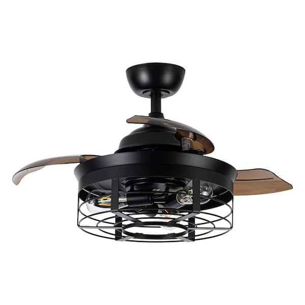Flint GARDEN 36 in. Indoor Industrial Matte Black Caged Retractable Ceiling Fan with Remote and Light Kit Included