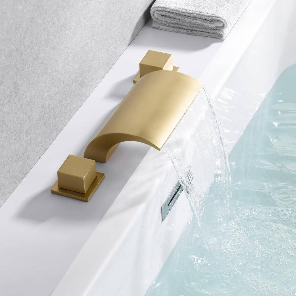 Brushed Gold Waterfall Spout Double Handle Roman Tub Faucet