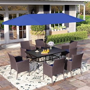 Black 8-Piece Metal Patio Outdoor Dining Set with Slat Table, Blue Umbrella and Rattan Chairs with Blue Cushion