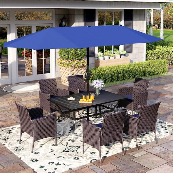 PHI VILLA Black 8-Piece Metal Patio Outdoor Dining Set with Slat Table, Blue Umbrella and Rattan Chairs with Blue Cushion