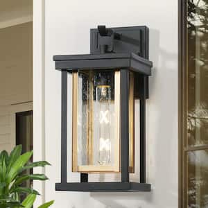 13.6 in. Black and Dark Gold 1-Light Outdoor Hardwire Wall Lantern Sconce with Seeded Glass Shade, No Bulb Included