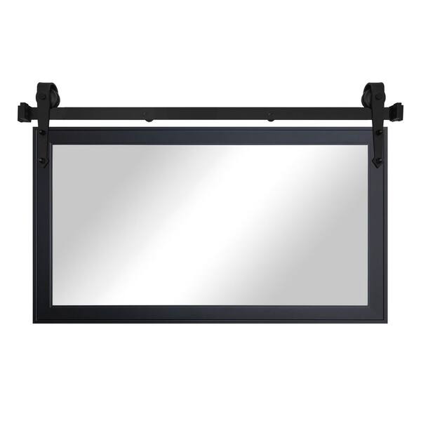 (58 in. W x 33 in. H) Gallery Black Modern Rustic Mirror with Steel Barn Door Rail
